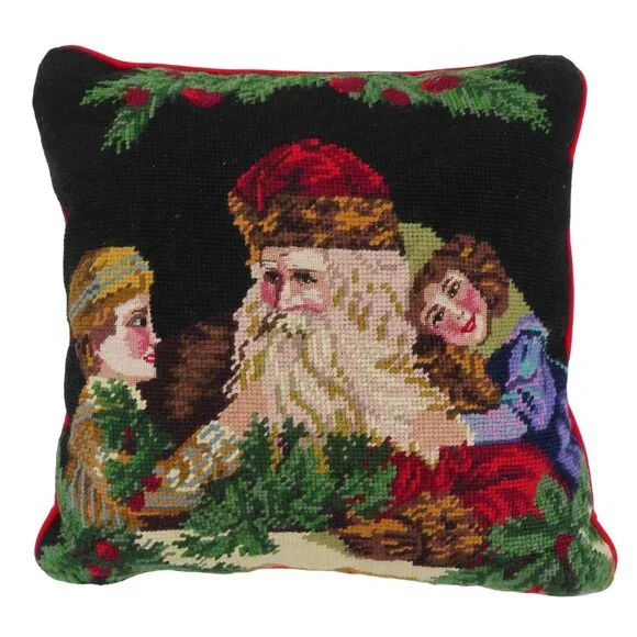 Father Christmas Papa Noel Children Needlepoint Throw Accent Pillow Xmas Holiday
