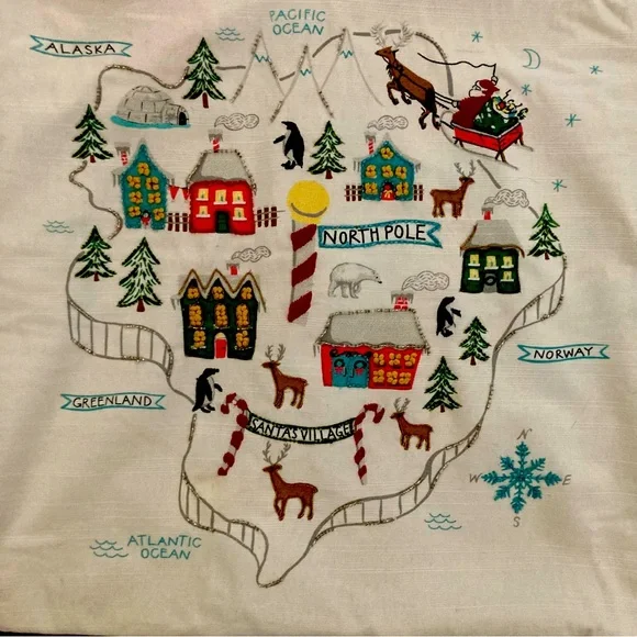 RARE Pottery Barn 20” Beaded Embroidered North Pole Map Set of 2 Pillow Cases
