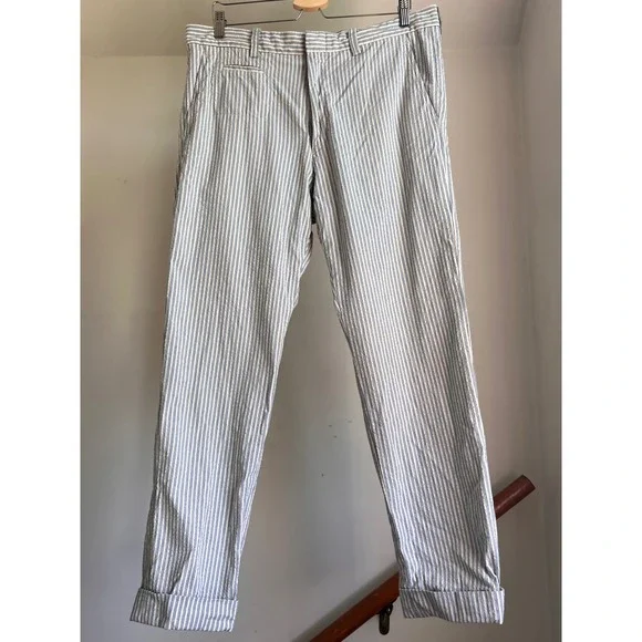 ts(s) Striped Seersucker Trousers Size 36 Blue White Made in Japan Cotton Pants