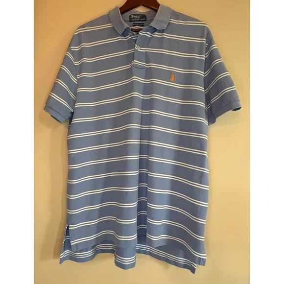 Polo Ralph Lauren Mens Pima Stretch Mesh Striped Polo Shirt Blue White XL