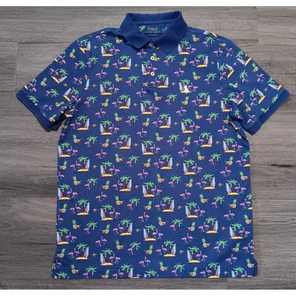 Polo Ralph Lauren Men's Blue Surfboards Flamingos‎ Pineapples Polo Shirt Size M