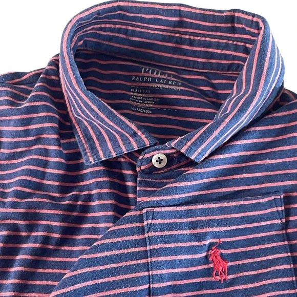 Polo Ralph Lauren‎ Classic Fit Performance Striped Pink Blue Polo Shirt