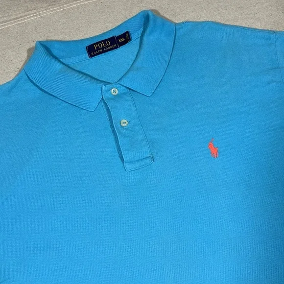 Polo Ralph Lauren Men's XXL Aqua Blue Polo Shirt Cotton Pink Pony Preppy *FLAW‎