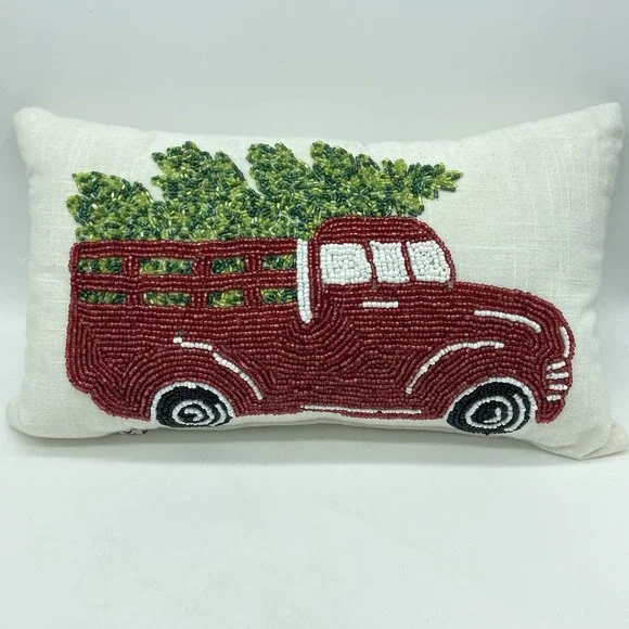 Devi‎ Designs Beaded Christmas Pillow Red Truck 14.5