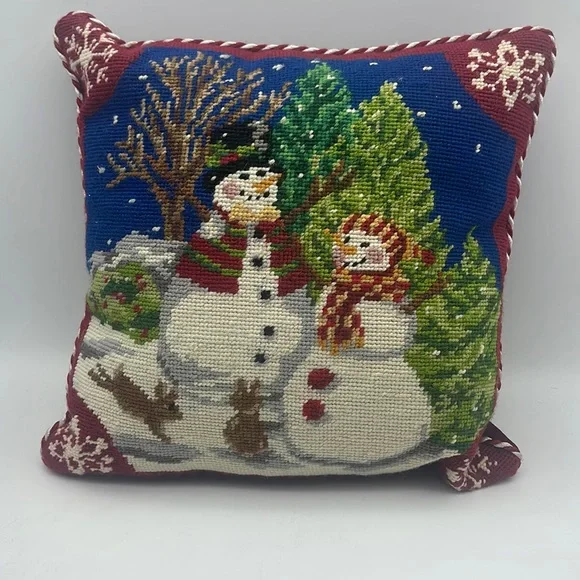 Snowmen Needlepoint Pillow Velvet Backing Snowman Winter Country Farmhouse