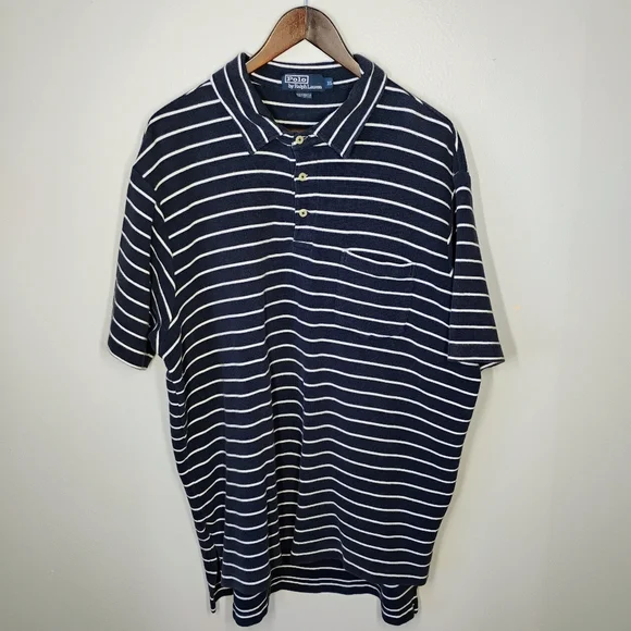 Polo Ralph Lauren Cotton Waffle Knit‎ Polo Shirt Stripes Pocket Preppy Size XL