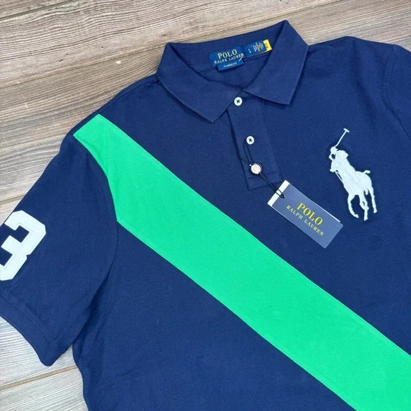 Polo Ralph Lauren Mens Size Large Polo Shirt Navy Green Big Pony Classic Fit NEW