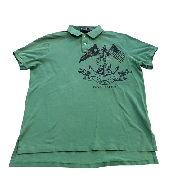 Polo Ralph Lauren Men XL Green Yacht Club Graphic Polo Shirt Custom Fit Cotton