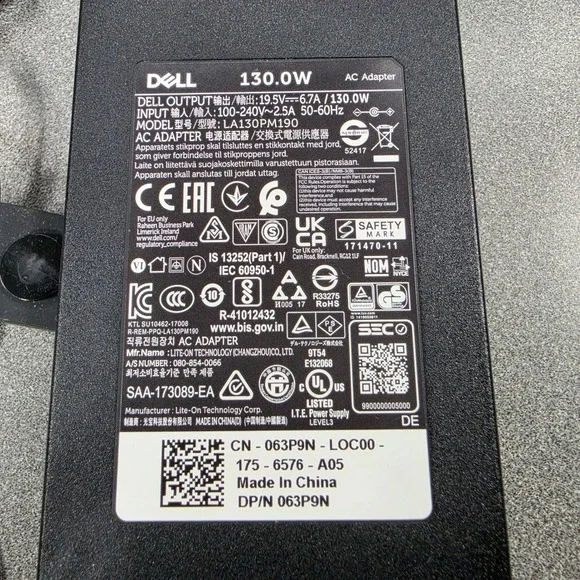 Dell AC Adapter Laptop Charger 130W Black Excellent LA130PM190 063P9N 19.5V 6.7A