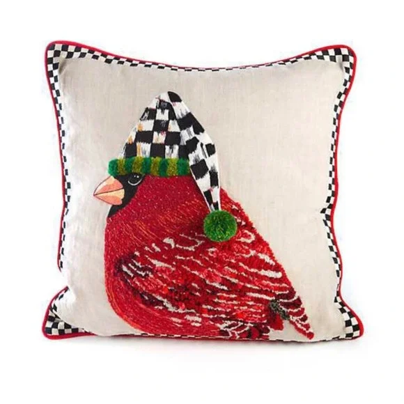 Mackenzie Childs Night Cap Cardinal Pillow 20x20 Christmas Courtly Check Velvet