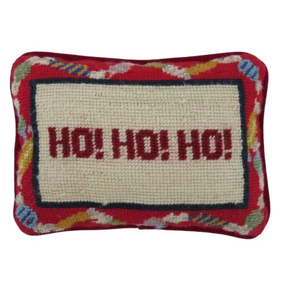 Ho Ho Ho Wool Needlepoint Christmas Candy Red Velvet Holiday Throw Accent Pillow