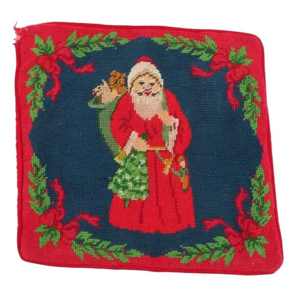 VTG Santa Claus Father Christmas Papa Noel Needlepoint Pillow Sham Zipper Xmas