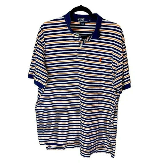 Polo Ralph Lauren‎ Vintage Navy Orange Light Blue Striped Polo Size XL
