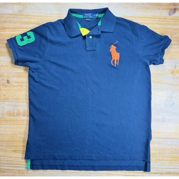 Polo By Ralph Lauren Big Pony Polo Shirt Mens Size L Navy Custom Fit 3 Logo