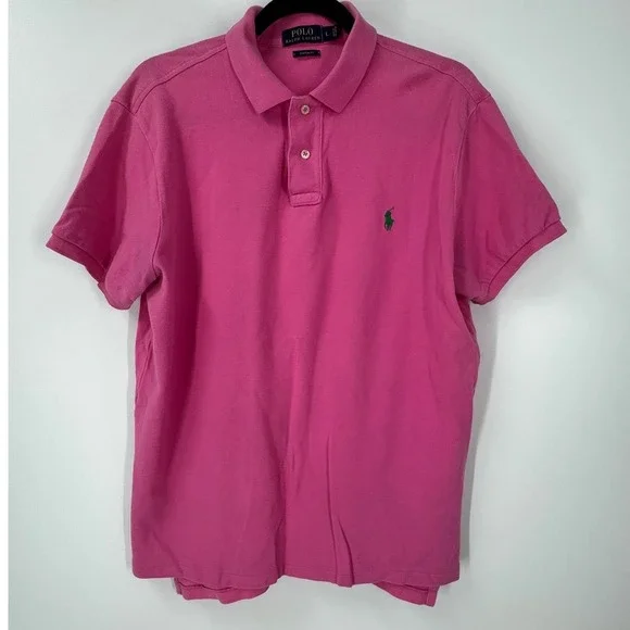 Polo Ralph Lauren Mens Custom Fit Pink Short Sleeve Polo Shirt Green Pony Large