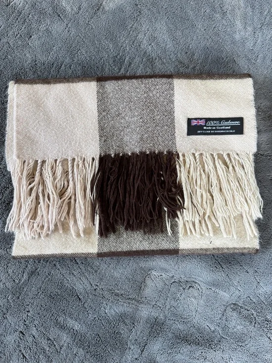 100% Cashmere Plaid Beige & Brown Scarf