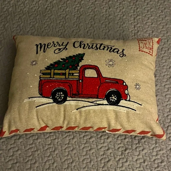 Merry Christmas Decor Throw Pillow Red Truck Tree 18x12