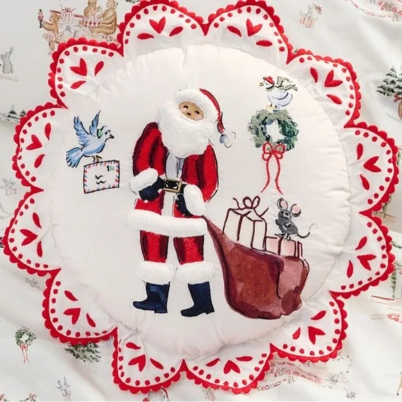 Pottery Barn Kids Riley Sheehey Embroidered Santa Pillow Christmas NWT