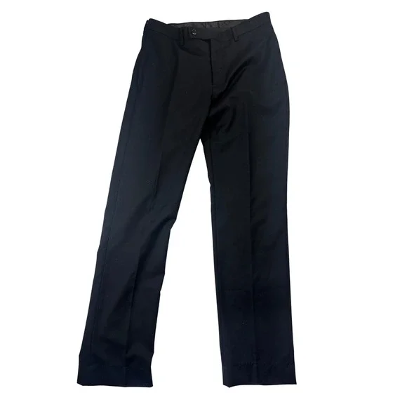 Black 100% Wool Dress Pants Flat Front Trousers 31S Mens Business Formal