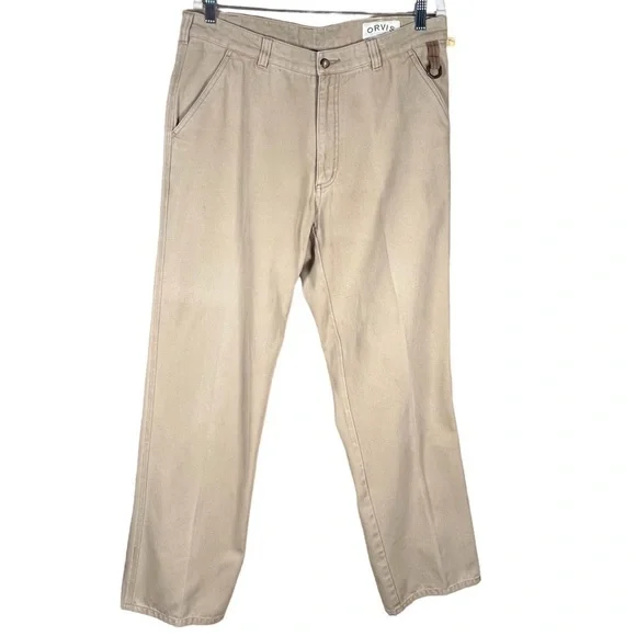 Orvis Men’s Heavyweight Cotton Textured Rugged Tan Pants With Leather Trim W36 …
