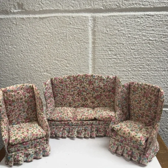 Vintage Floral Patterned High Back Miniature Sofa and Chair Set