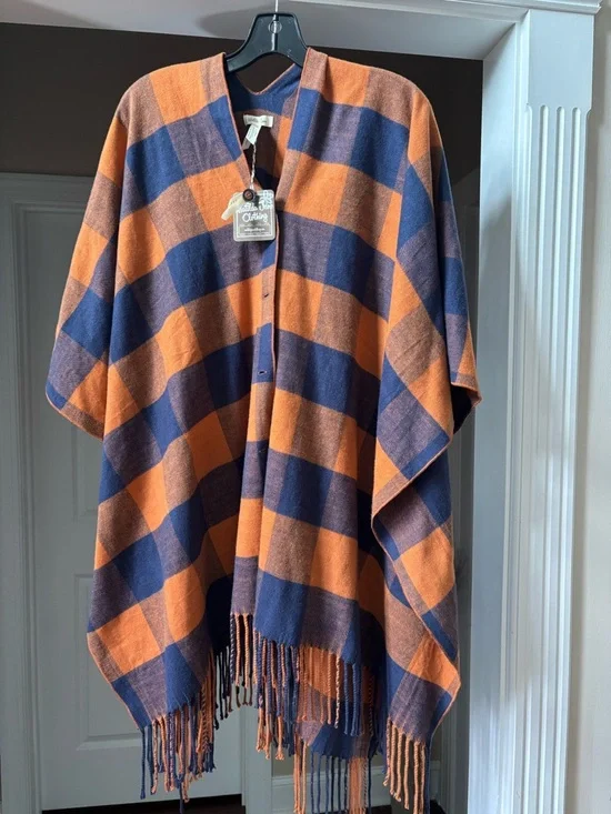 Matilda Jane women's fringe poncho Orange/Blue OS One Size NWT