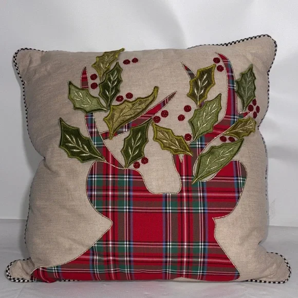 MacKenzie-Childs Tartan Stag Pillow With Courtly Check Piping 18” x 18”