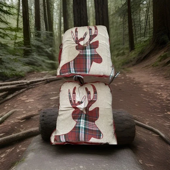 Pier One Imports Christmas Holiday Plaid Reindeer Chair Cushions Pillow 16