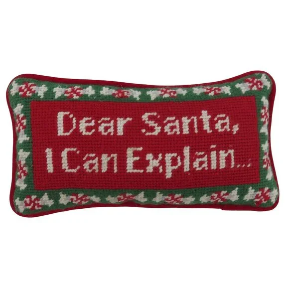 Dear Santa I Can Explain Needlepoint Red Green Peppermint Candy Christmas Pillow
