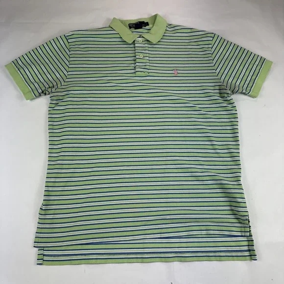 Polo Ralph Lauren Shirt Mens L Green Blue Striped Short Sleeve Pink Pony READ