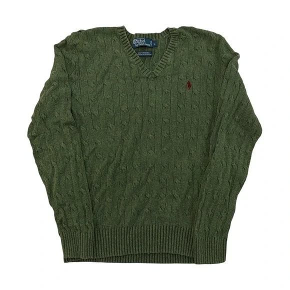 Polo Ralph Lauren Mens Silk Cable Knit V-Neck Sweater Olive Green Large
