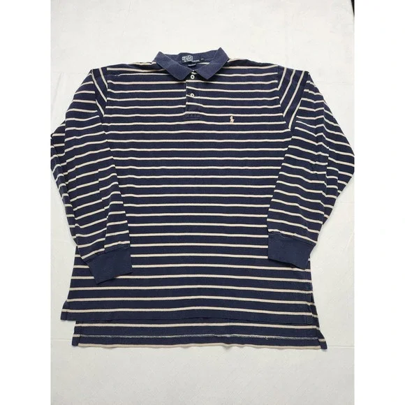 Polo Ralph Lauren Polo Shirt Mens XL Blue Striped Long Sleeve Cotton Casual