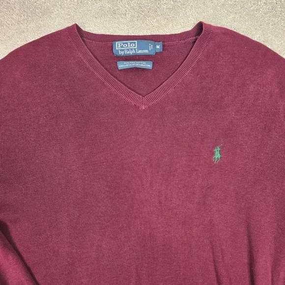 Polo Ralph Lauren Mens Pima Cotton‎ V-Neck Sweater Burgundy Maroon Pony Logo M