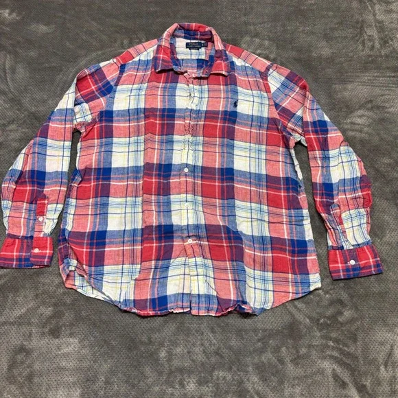 Polo Ralph Lauren Mens XL Relaxed Fit 100% Linen Plaid Button Down Shirt