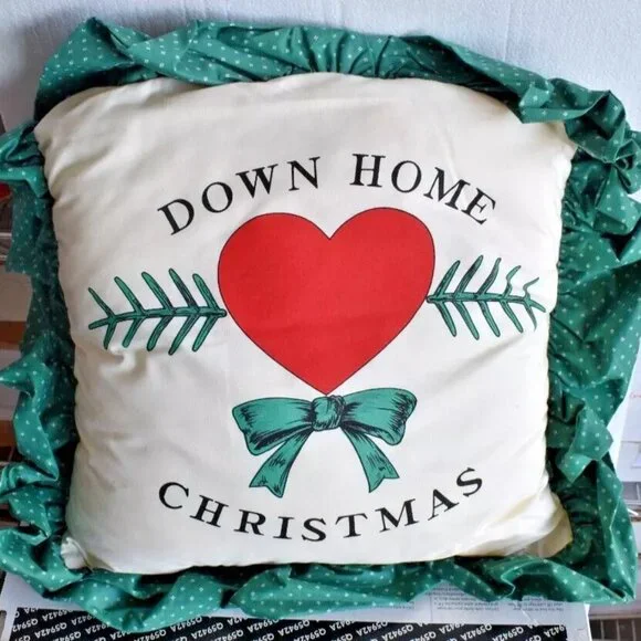 Vintage Christmas Throw Pillow Down Home Christmas Ruffle Cottagecore Green