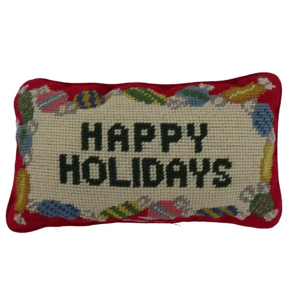 Lands End Happy Holidays Candy Sweets Needlepoint Rectangle Throw Pillow Wool