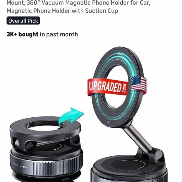 Upgraded Black Magnetic Phone Mount with Suction Cup Holder
