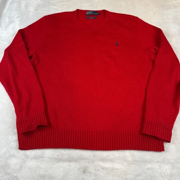 Polo Ralph Lauren Mens XL Red Cotton Crewneck Sweater Navy Pony Logo‎ Vintage