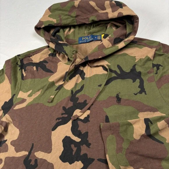 Polo Ralph Lauren Hooded T-Shirt Mens Medium Green Camo Lightweight Hoodie