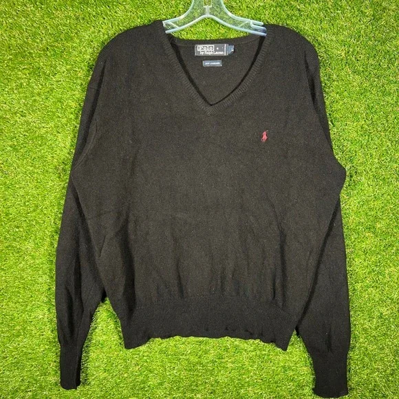 Polo Ralph Lauren Mens‎ V-Neck Sweater Black 100% Lambswool Vintage Large