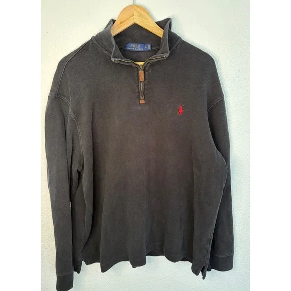 Polo Ralph Lauren Mens XL Black Quarter Zip Pullover Sweatshirt Red Pony‎ Logo