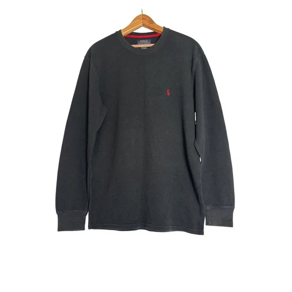 Polo Ralph Lauren Mens XL Black Waffle Knit Thermal Long Sleeve Shirt Red Pony