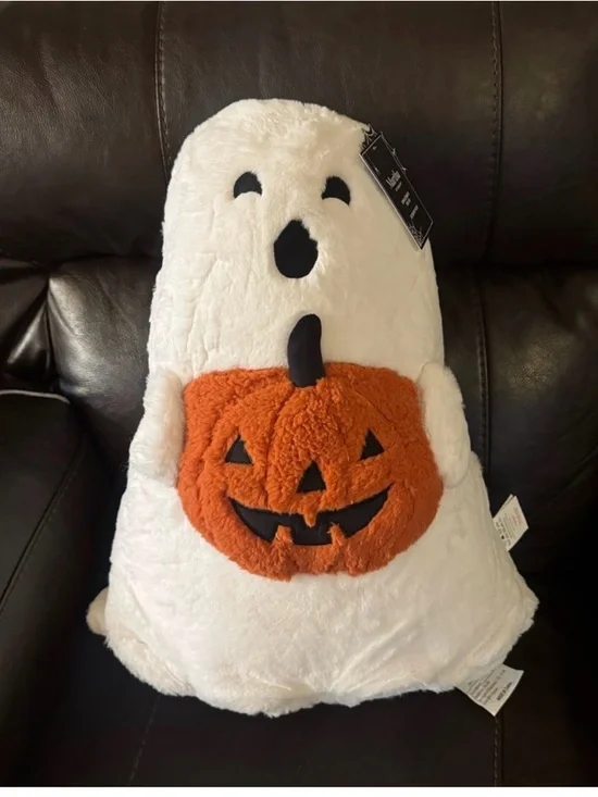 Plush White Ghost Pillow with Orange Pumpkin Accent