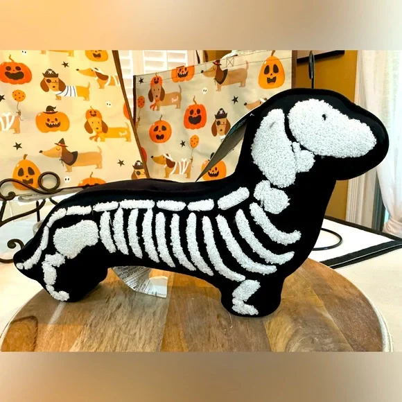 Dachshund Halloween skeleton pillow with 3D Chenille details Velvety Soft fabric