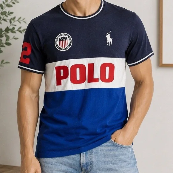 Polo Ralph Lauren Mens T-Shirt Colorblock USA Shield Logo Navy White Blue M