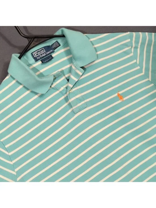 Polo Ralph Lauren Shirt Men's XL (Fits Like M) Blue Striped Short Sleeve Preppy