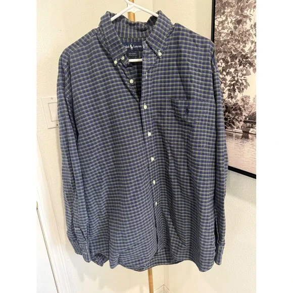 Polo Ralph Lauren Big Shirt Mens Large L Navy Green Plaid Button Down Cotton