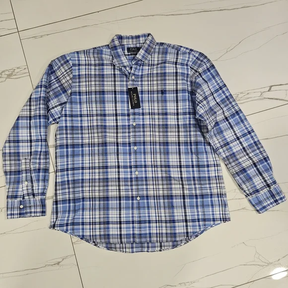 NWT Polo Ralph Lauren Men's Plaid Button-Down Shirt in Blue and White