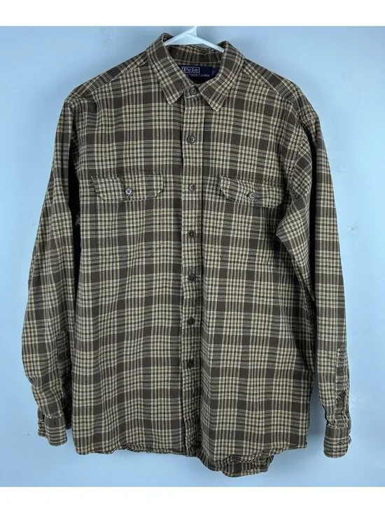Polo Ralph Lauren Vintage G.I. Shirt 100% Cotton Plaid Earth Tones Men's M