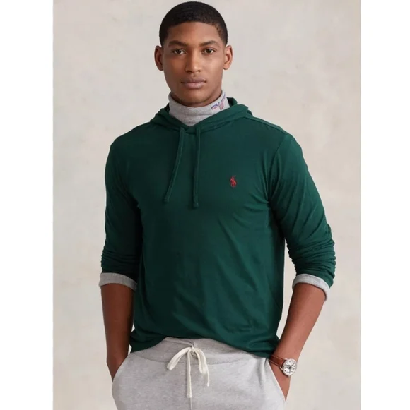 Polo Ralph Lauren Mens Jersey Hooded T-Shirt S/P Long Sleeve Logo Cotton Green